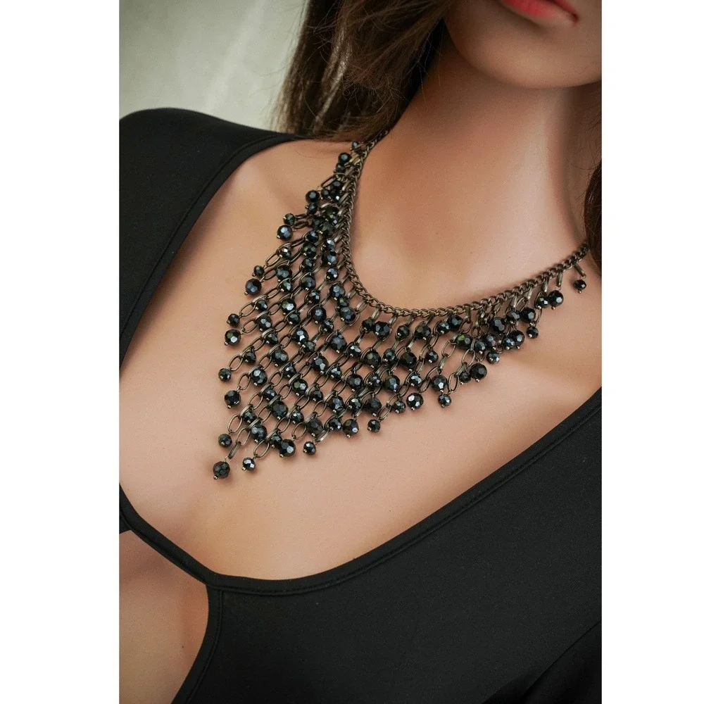 Black‎ Beaded Bib Statement Necklace Gunmetal Waterfall Drip Gothic Jewelry - Picture 4 of 5